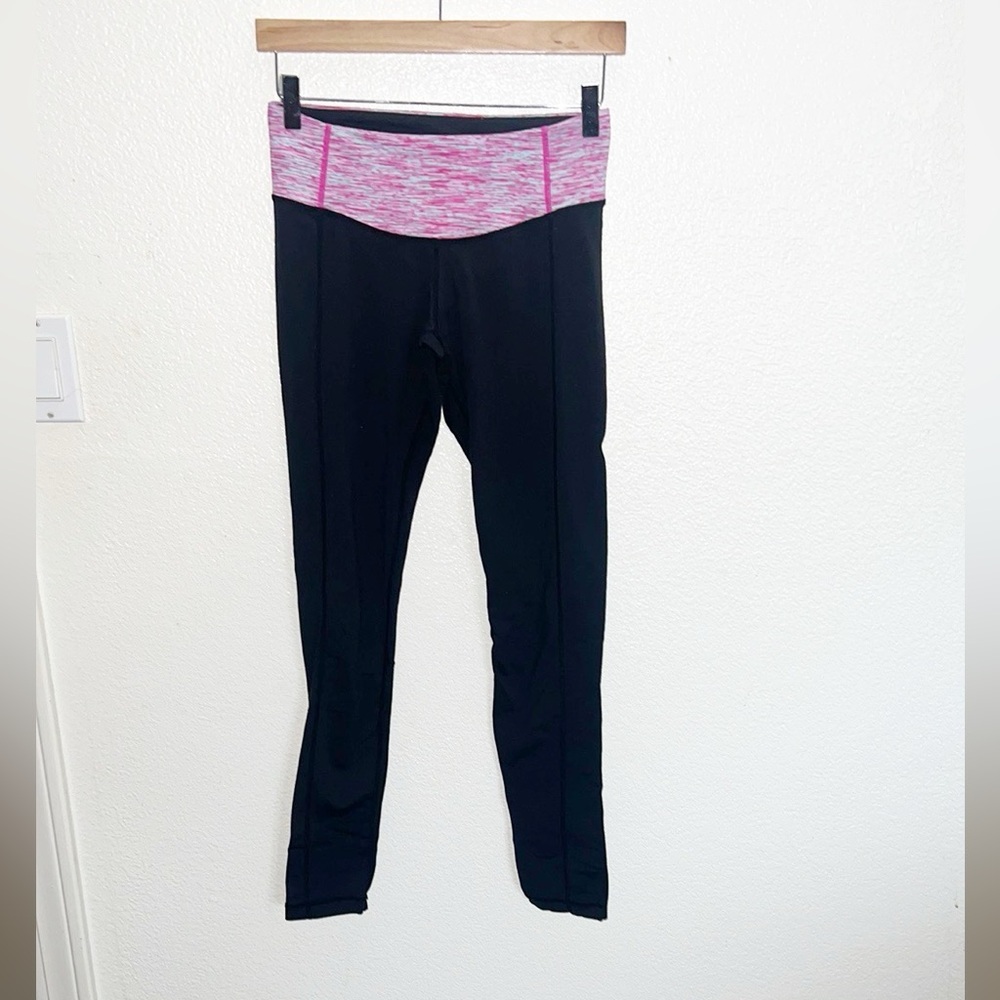 Lululemon lower rise black with pink Heathered band full length leggings - Picture 1 of 11